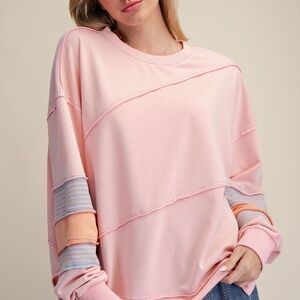 New Easel Terry Knit Color Block Sweatshirt Pullover Oversized Cotton Pink Small